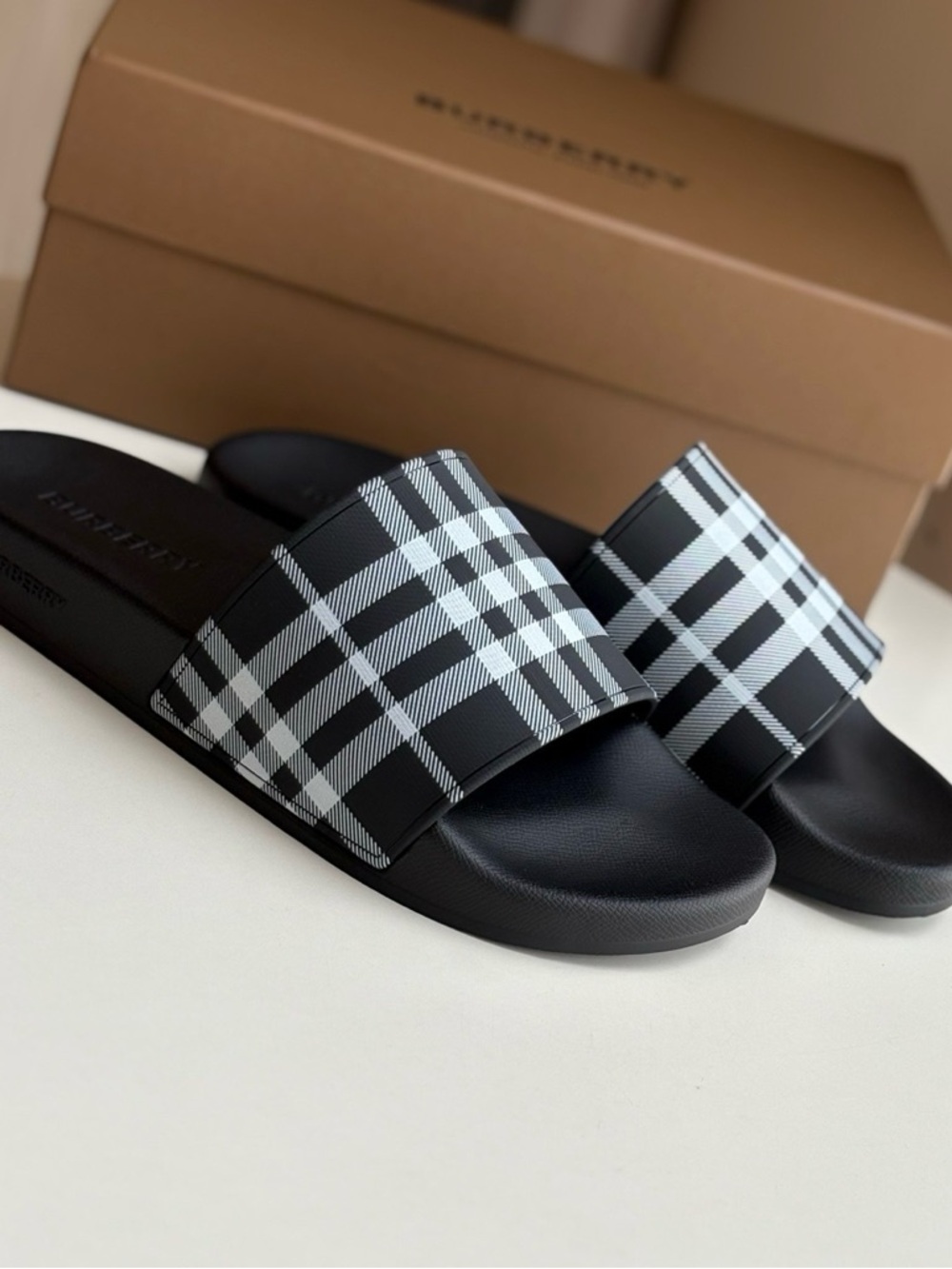 Burberry Black and White Plaid Slide Sandals